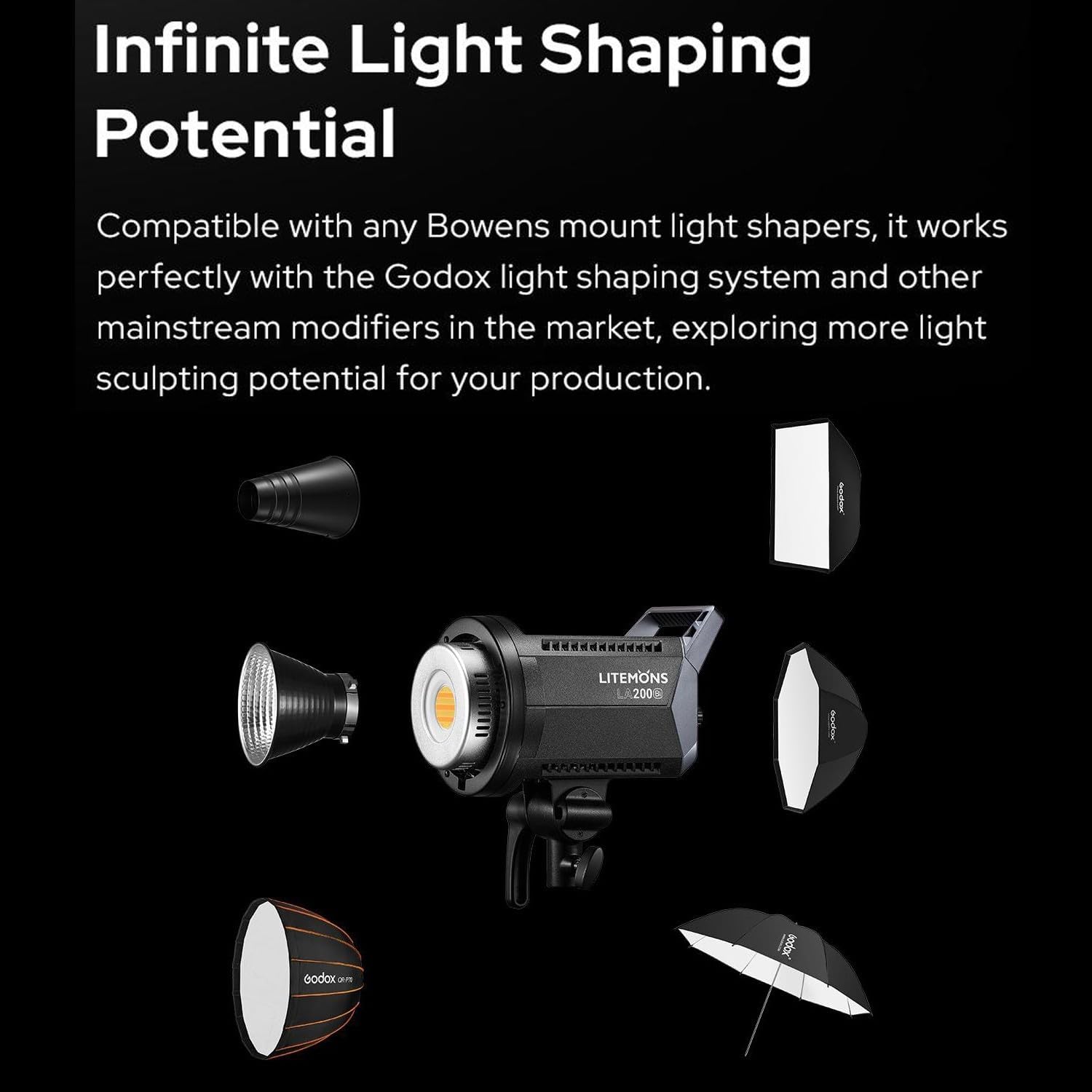Godox LA150Bi -Luz LED de vídeo bicolor,190W,2800-6500K,101000 Lux a 1m,CRI 96+,TLCI 97+,Montura Bowens,LED Continua,8 Efectos FX,Brillo del 0-100%,Luz de Estudio con Control por Aplicación,para Vlogs