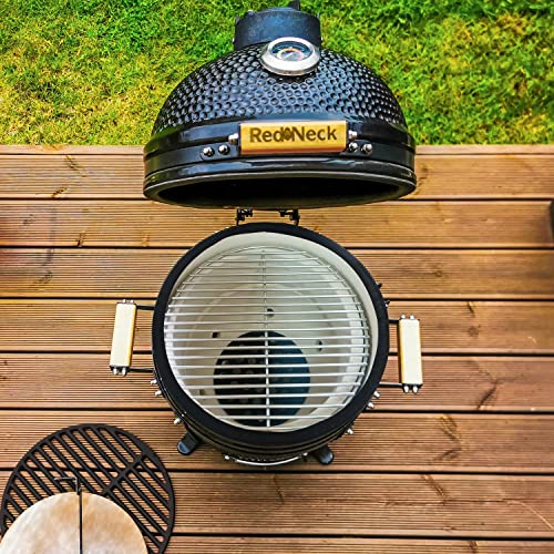 RedNeck Keramik Tischgrill (15″), professioneller Grill (34 cm Grillfläche), Bambus Griff, Gussgestell, Thermometer, Spezial Dichtungen (bis zu 400°C), schwarz