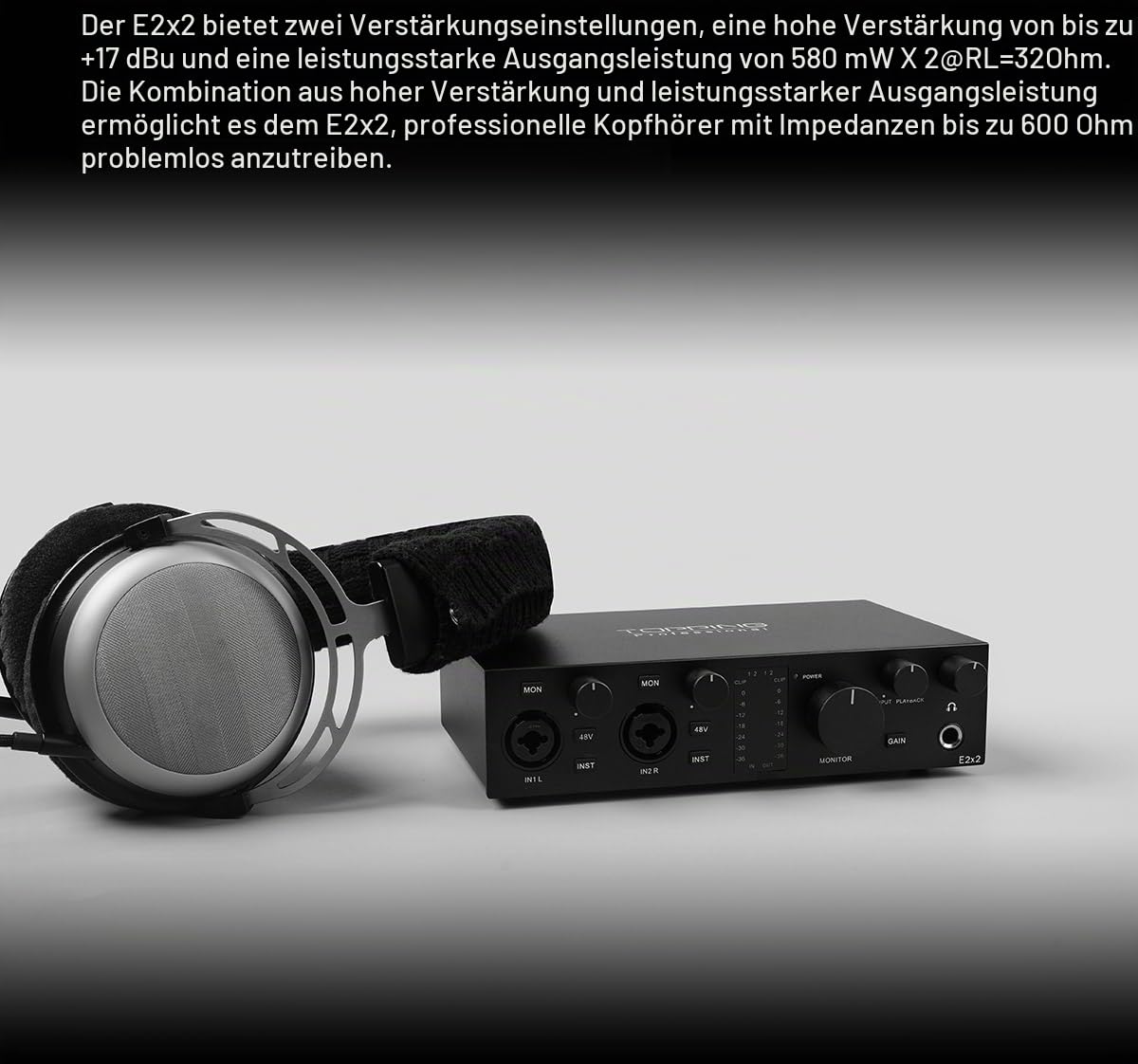 Topping Professional E2x2, USB-Audio-Interface und ultralineares Mikrofonvorverstärkermodul, Schwarz