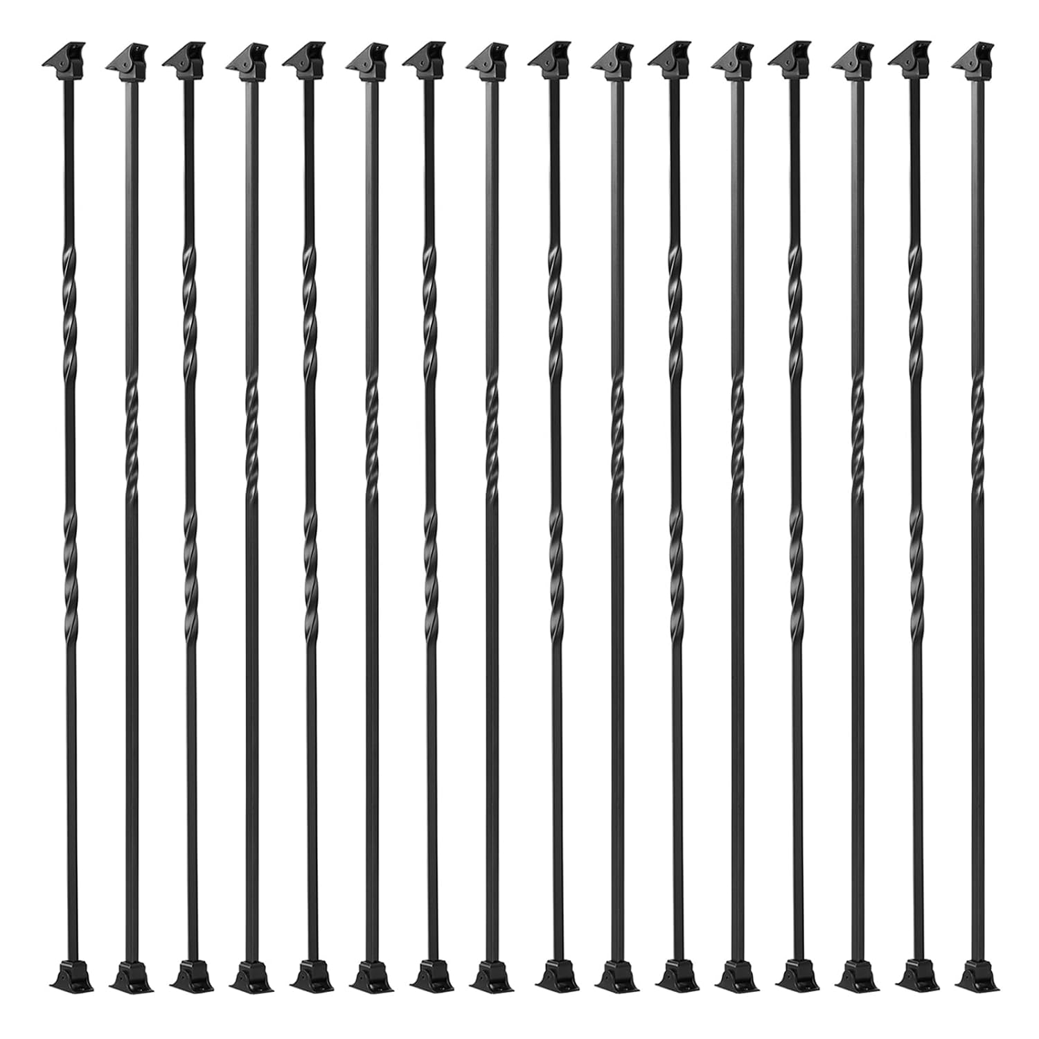 16-Pack Wrought Iron Balusters for Stairs, 1/2"x44" Hollow Single Twist and Double Twist Metal Stair Spindles, Satin Black Powder Coated Railing for Indoor Spiral Staircase, with Swivel Bases & Screws