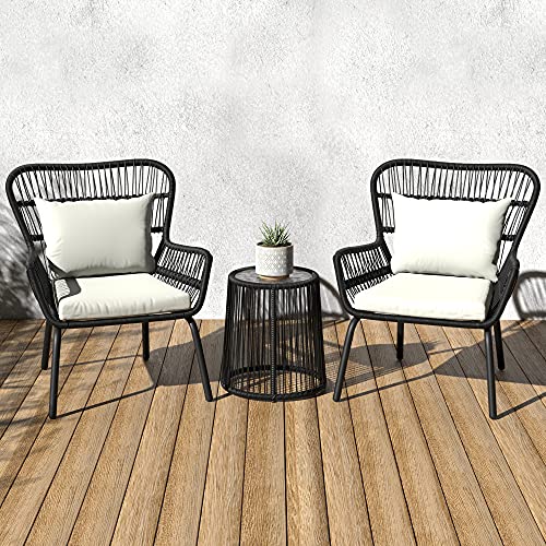 Amazon Basics Outdoor All-Weather Woven Faux Rattan High Back Chair With Cushions And Side Table, Black, 3 Piece Set, 30.71"D X 29.13"W X 34.06"H #TOP6
