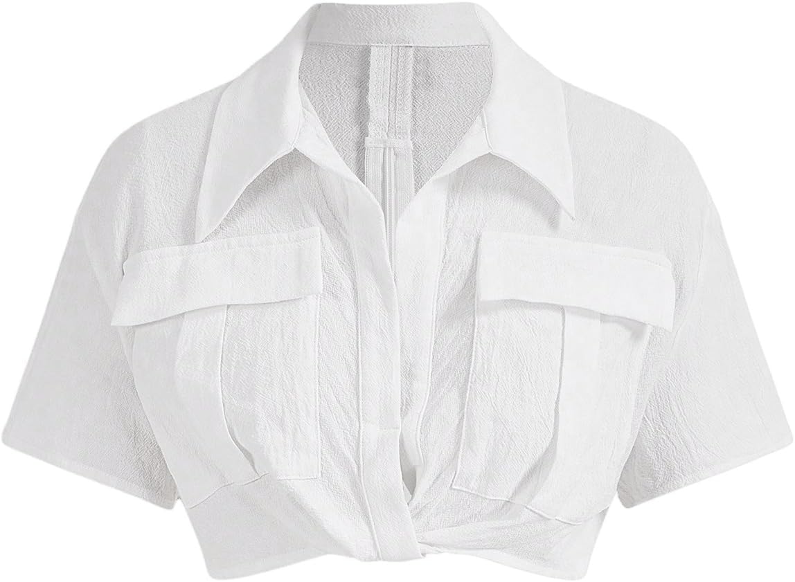 GORGLITTERWomen's Knot Front Button Down Collared Crop Blouse Short Sleeve Flap Pocket Shirt