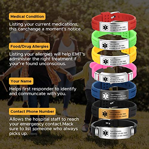 Opalstock Personalized Adjustable Medical Bracelets Sport Emergency Id Bracelets Free Engraving 9 Inches Silicone Waterproof Id Alert Bracelets For Men Women Kids (Black-Black) #TOP7