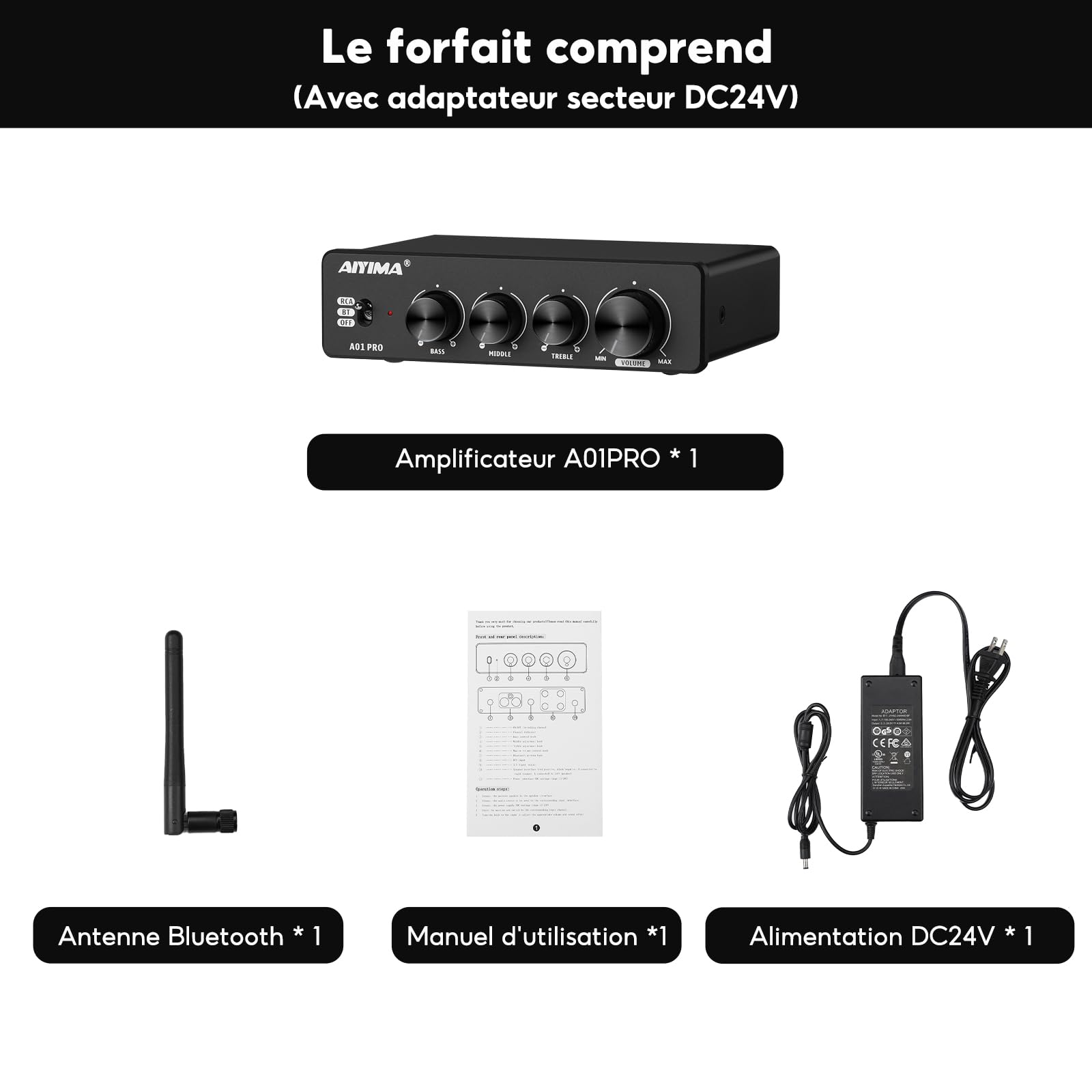Amplificateur de bureau stéréo Bluetooth AIYIMA A01 PRO TPA3116 100 W x2 | Amplificateur 2.0/2.1 Canaux de Classe D,Contrôle des Aigus/Médiums/Graves,QCC3034 aptX,sortie AUX 3,5 mm pour Home Cinéma