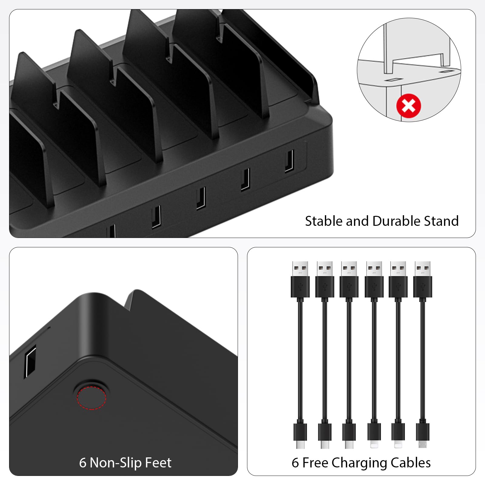 Stazione di ricarica per più dispositivi, 6 stazioni di ricarica con materiale ignifugo e 6 cavi per Apple, Android, iPad, scrivania da ufficio dock organizer (nero)