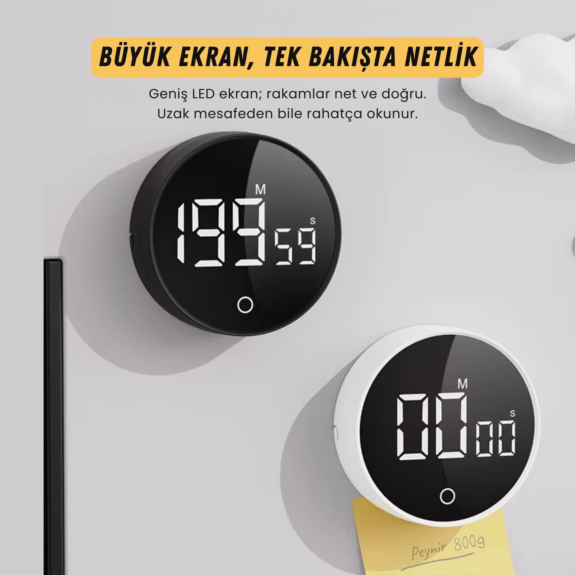 GWORKE RT-1 Mıknatıslı Rotary Zamanlayıcı 0-199 İleri Geri Sayım Kronometre, Ayaklı Stand, LED Ekran, USB-C Şarjlı, Pomodoro & Mutfak Timer (Beyaz)