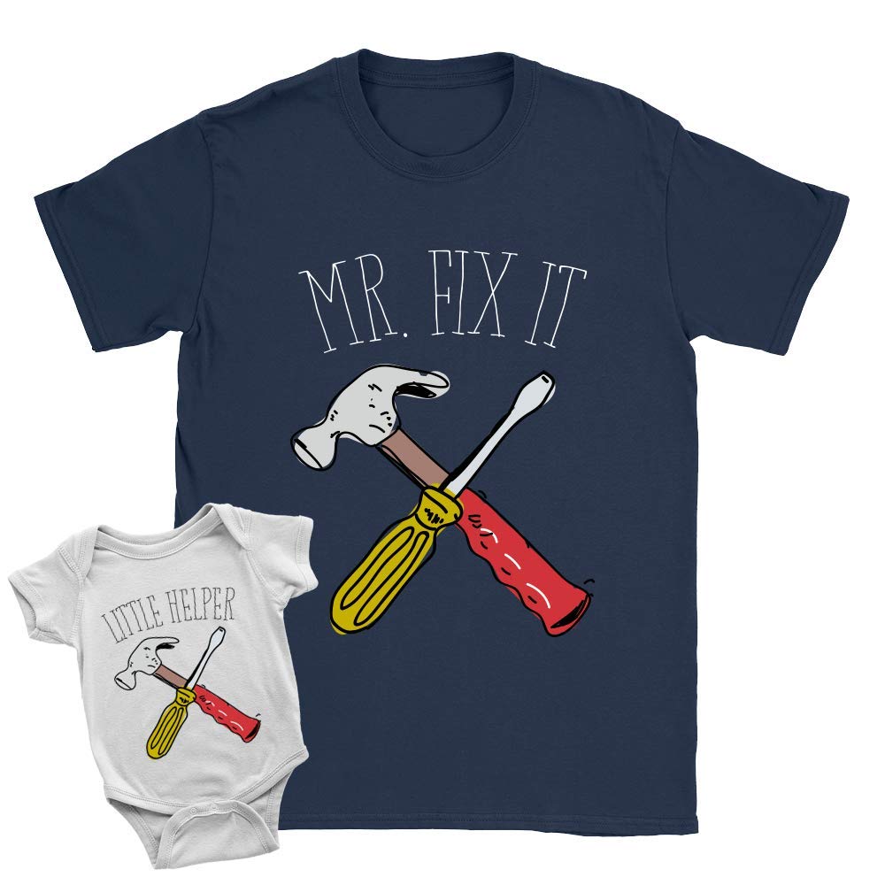 Mr Fix It + Little Helper Duo Babygrow and T-Shirt 3-6m Babygrow | Large T-Shirt White + Navy New Baby DIY Father Gift