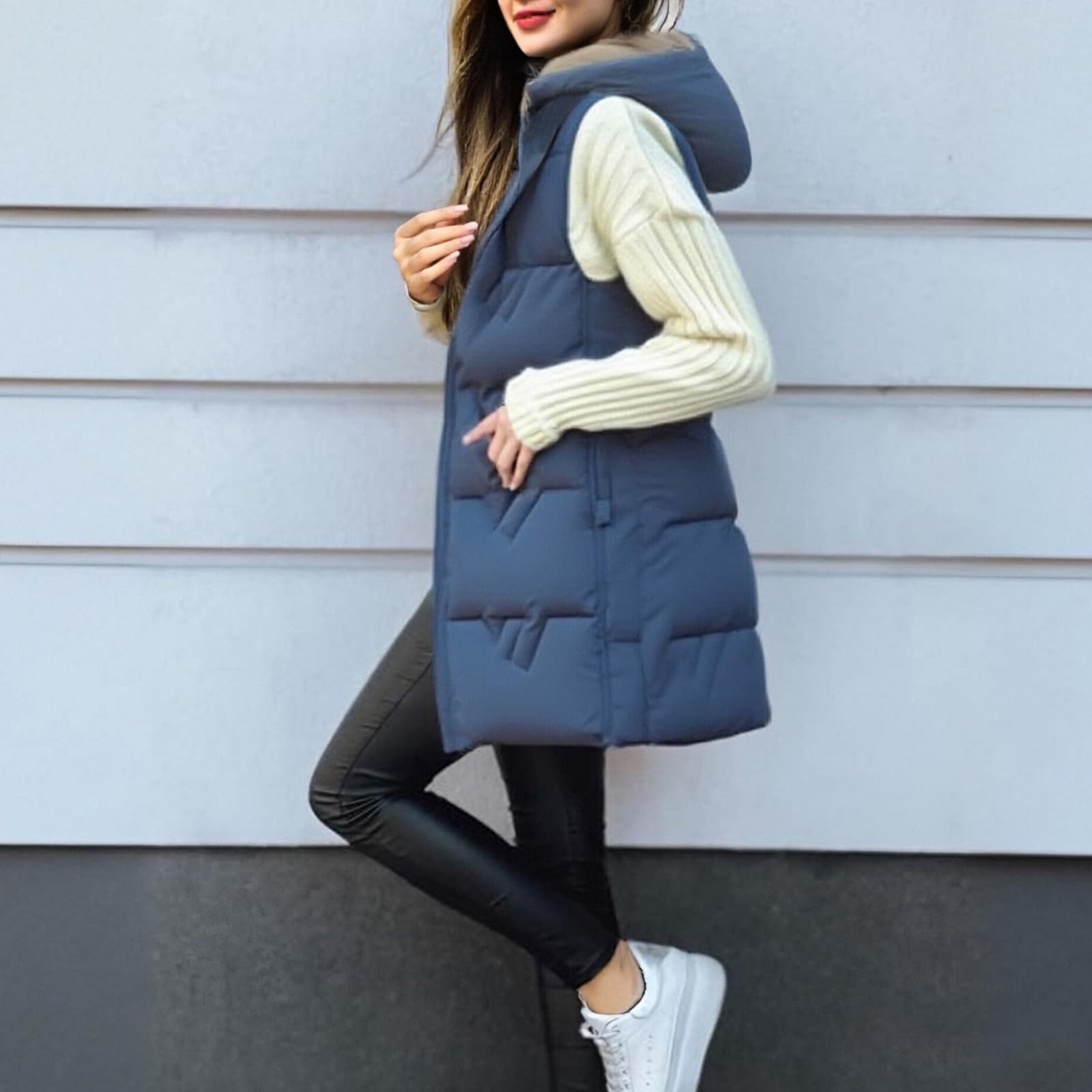 Steppweste Damen Lang Ärmellose Weste Mit Kapuze Wintermantel Casual