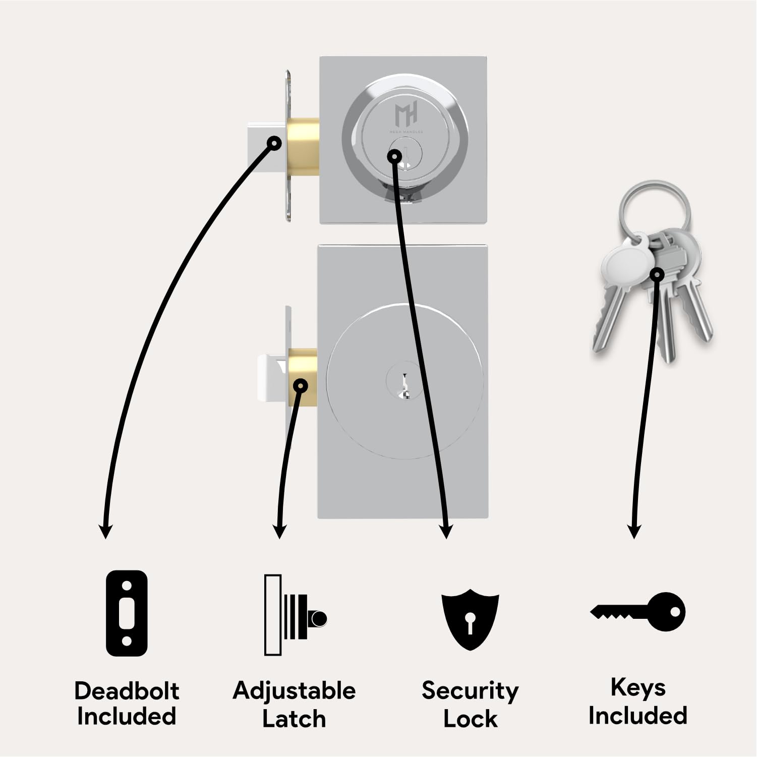 Mega Handles Laura - Pomo para puerta de entrada y cerrojo cromado - Combo con llave | Aleación de zinc macizo, cromo pulido, perilla redonda moderna, roseta rectangular, reversible izquierda o derecha