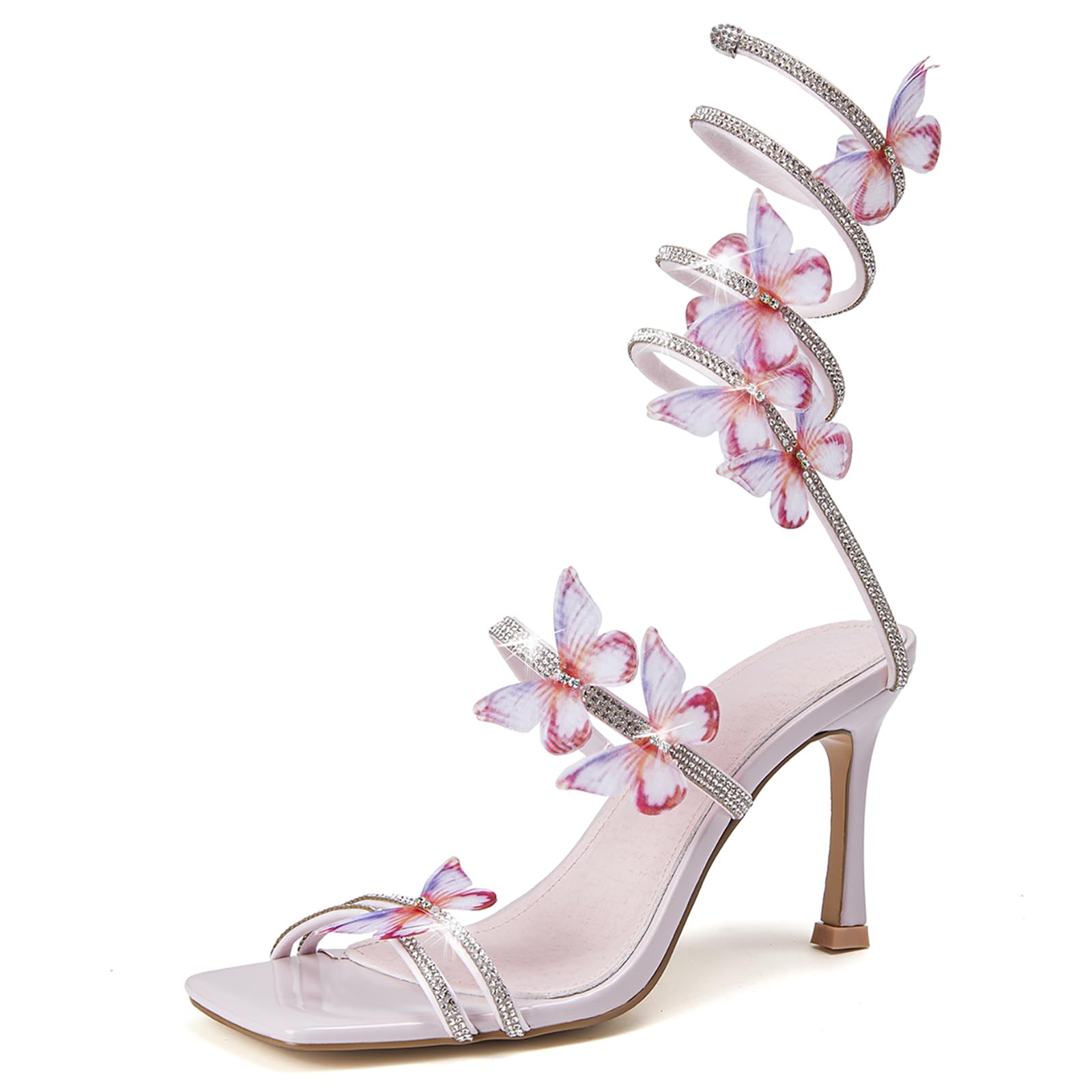 Women's Butterly Heels Rhinestone Stilettos Elegant Open Square ToeSpiral Wrap Around Dress High Heel Sandals For Wedding Party Prom