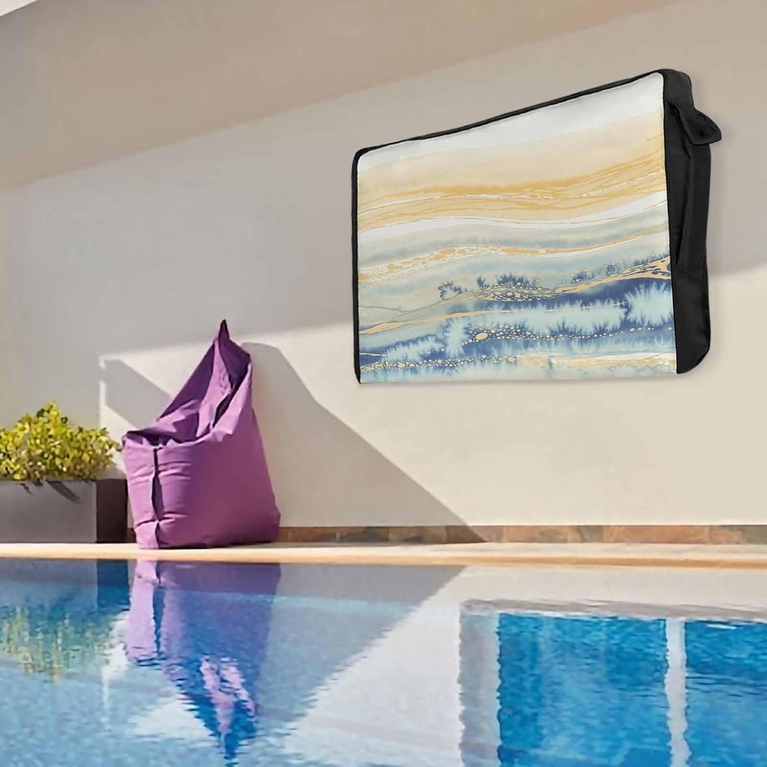 Outdoor TV Cover 50 Inch Yellow Blue Marble TV Enclosure Abstract Fluid TV Covers for Outside TV Display Screen Protector with Remote Control Pocket Home Decor