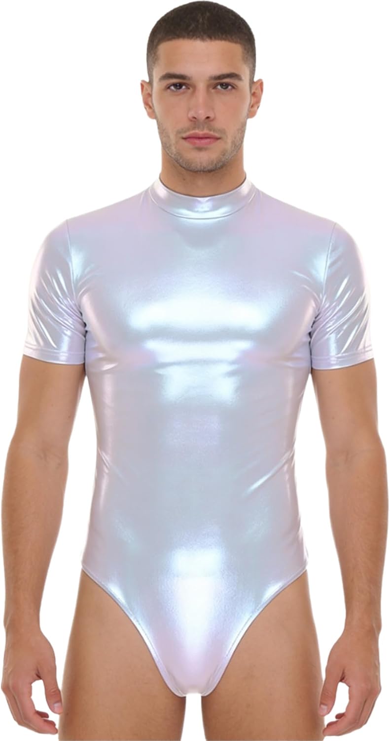 Oyolan Men's Bodysuit Metallic Shiny Clubwear One Piece Dance Leotard Front Zipper One-piece Jumpsuit