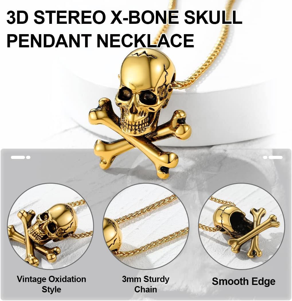 GoldChic Jewelry Skull Necklaces For Men, Stainless Steel Gothic Skeleton Necklace Viking Norse Runes Halloween Gifts for Man