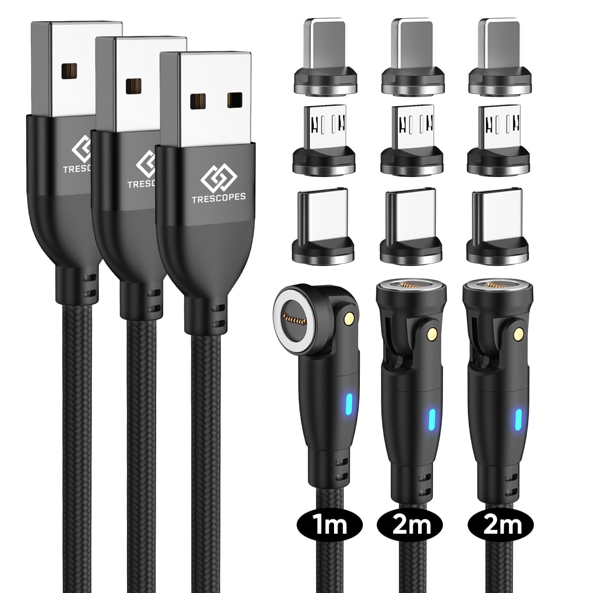 9 Pin Magnetic Fast Charging Cable, [3 Pack], 540° Rotating Heads. Data Transfer. Micro USB, Type C, compatible with all Smartphones. USB C Charger