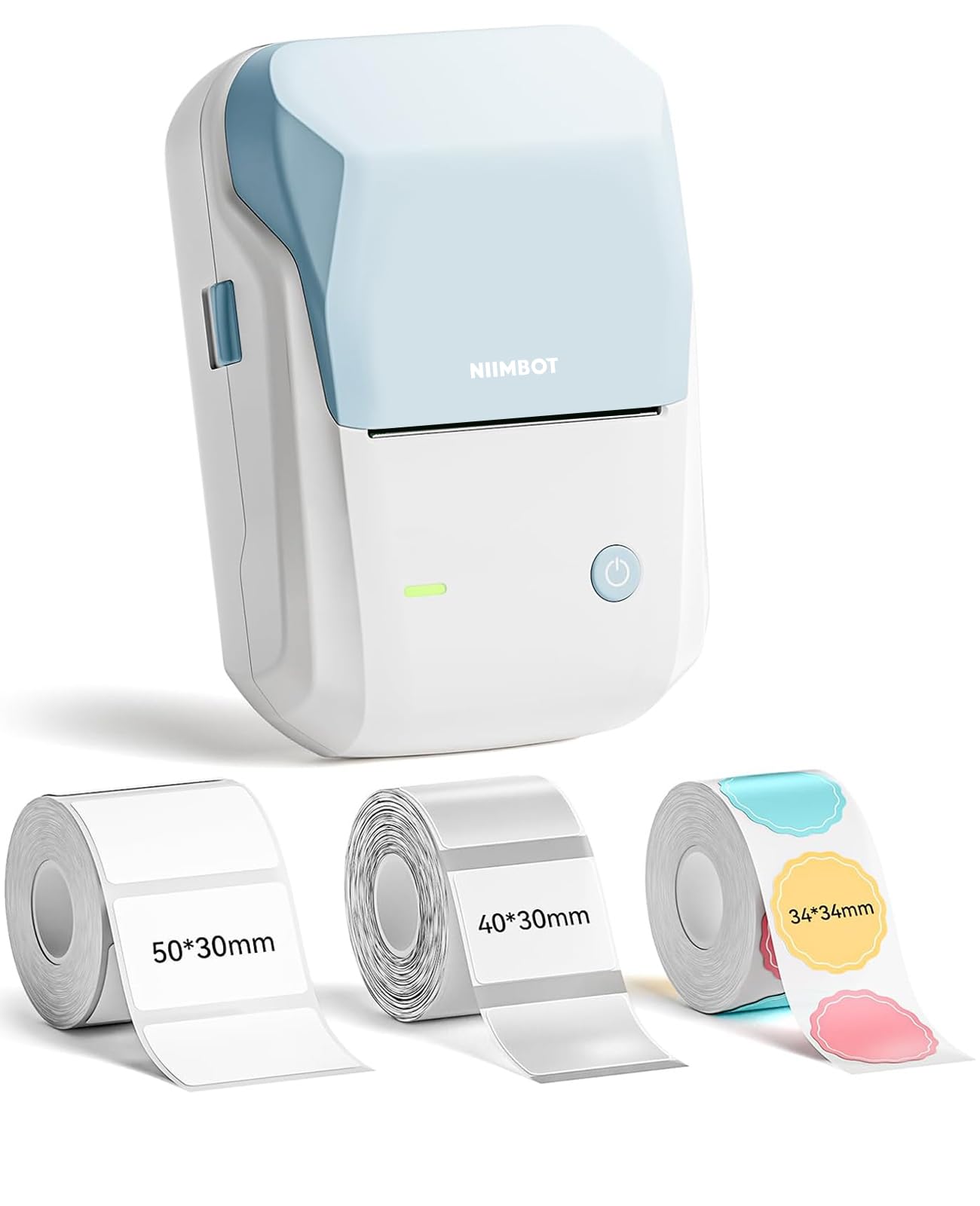 NIIMBOT Etikettendrucker, B1 Bluetooth Etikettiergerät mit Größeres Etikett, Selbstklebendes Aufkleber Druckgröße 20-50 mm Kompatibel mit iOS und Android für Heim, Büro, Hellblau + 3 Etikettenrollen