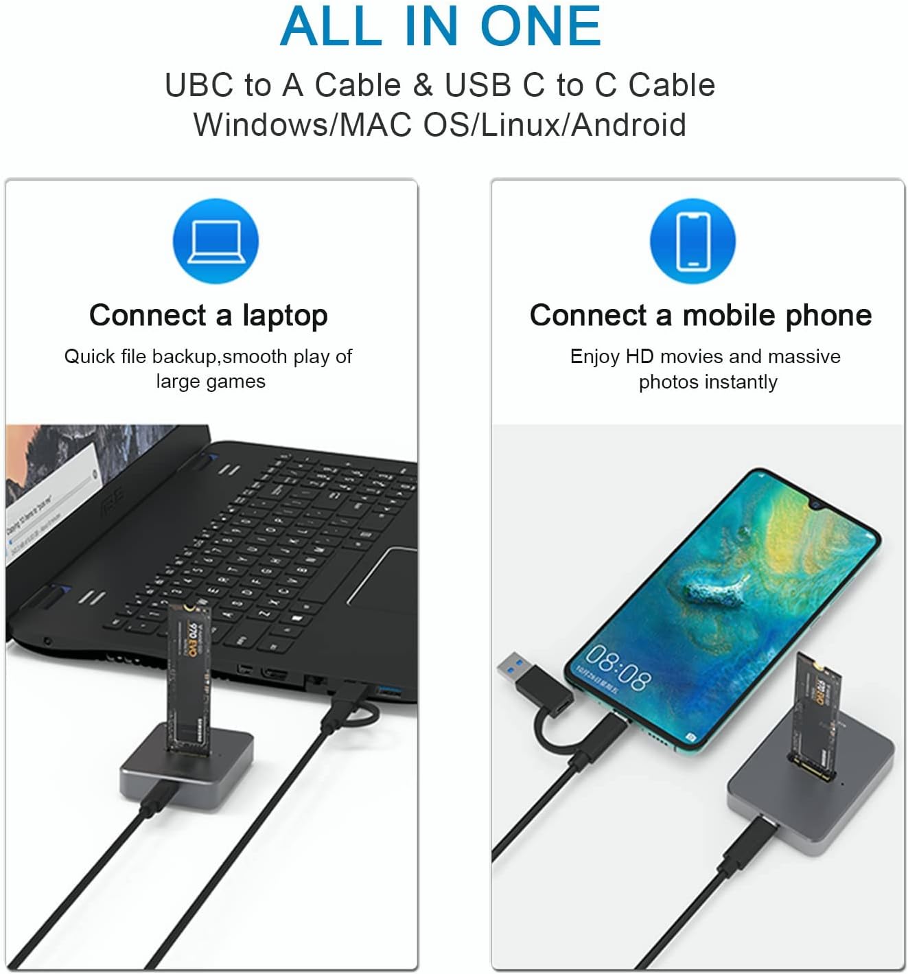 USB C M.2 NVME SATA SSD Enclosure, USB 3.1 Gen 2 10Gbps High Speed M.2 to USB Docking Station, Tool-Free USB C External, Aluminum NVME SSD Reader Adapter for 2230/2242/2260/2280