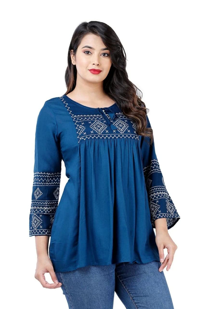 GenericTackles Rayon Blue Embroidery Work A-Line Tops