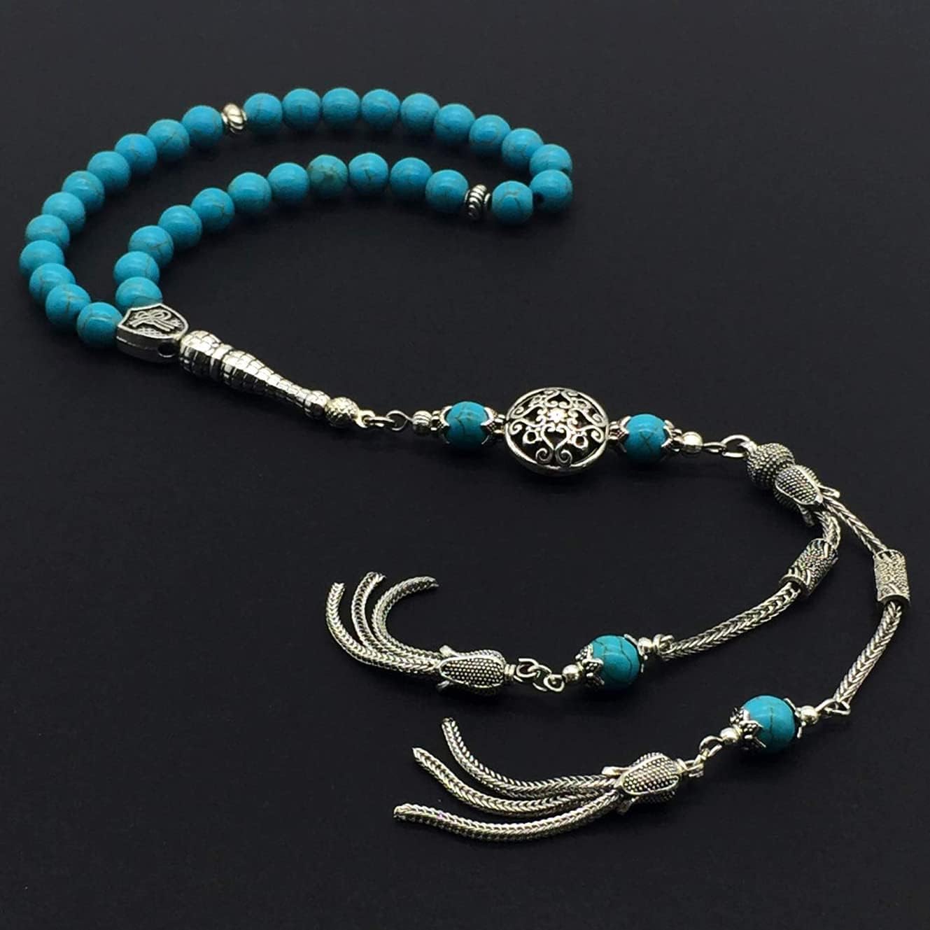Design - New Long & Stylist Tassels Worry Beads - Prayer Beads (8 mm-33 Beads) Tesbih-Tasbih-Tasbeeh-Misbaha-Subha-Sebha-Sibha-Rosary (Synthetic Turquoise Stone - Twin Tassel)