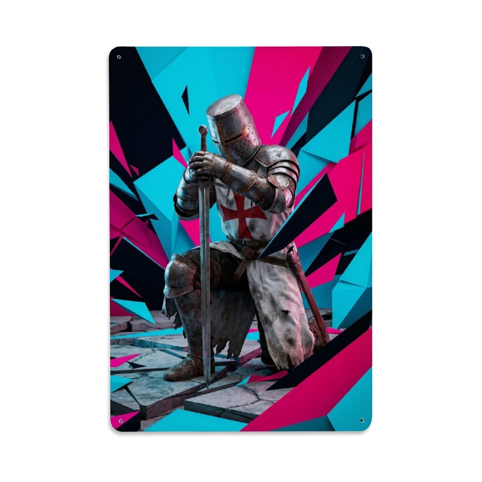 Olhnbad Style Medieval Armour Kneeling Sword Knight Templar Neon Metal Tin Sign