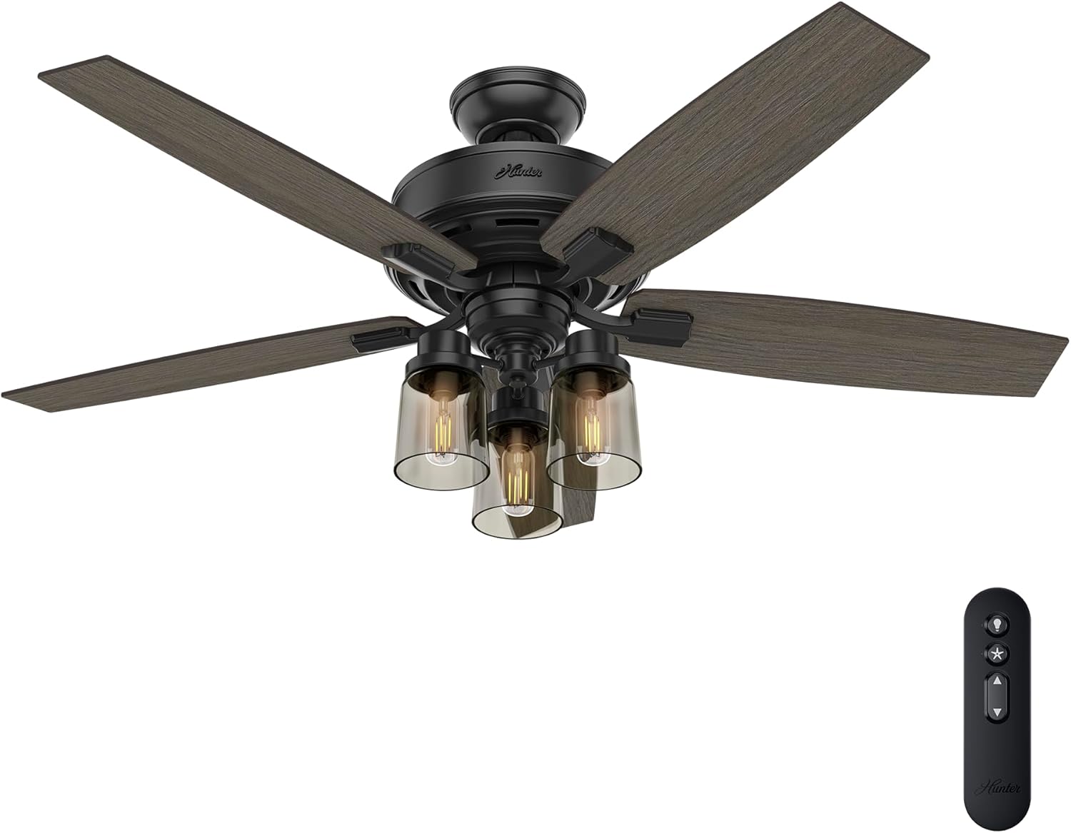 Hunter 52 inch Indoor Ceiling Fan with LED Lights and Remote Control - Black Ceiling Fan, Standard Mount, 5 Blades, For Bedroom, Living Room, or Kitchen, Quiet - Bennett 54189, Matte Black