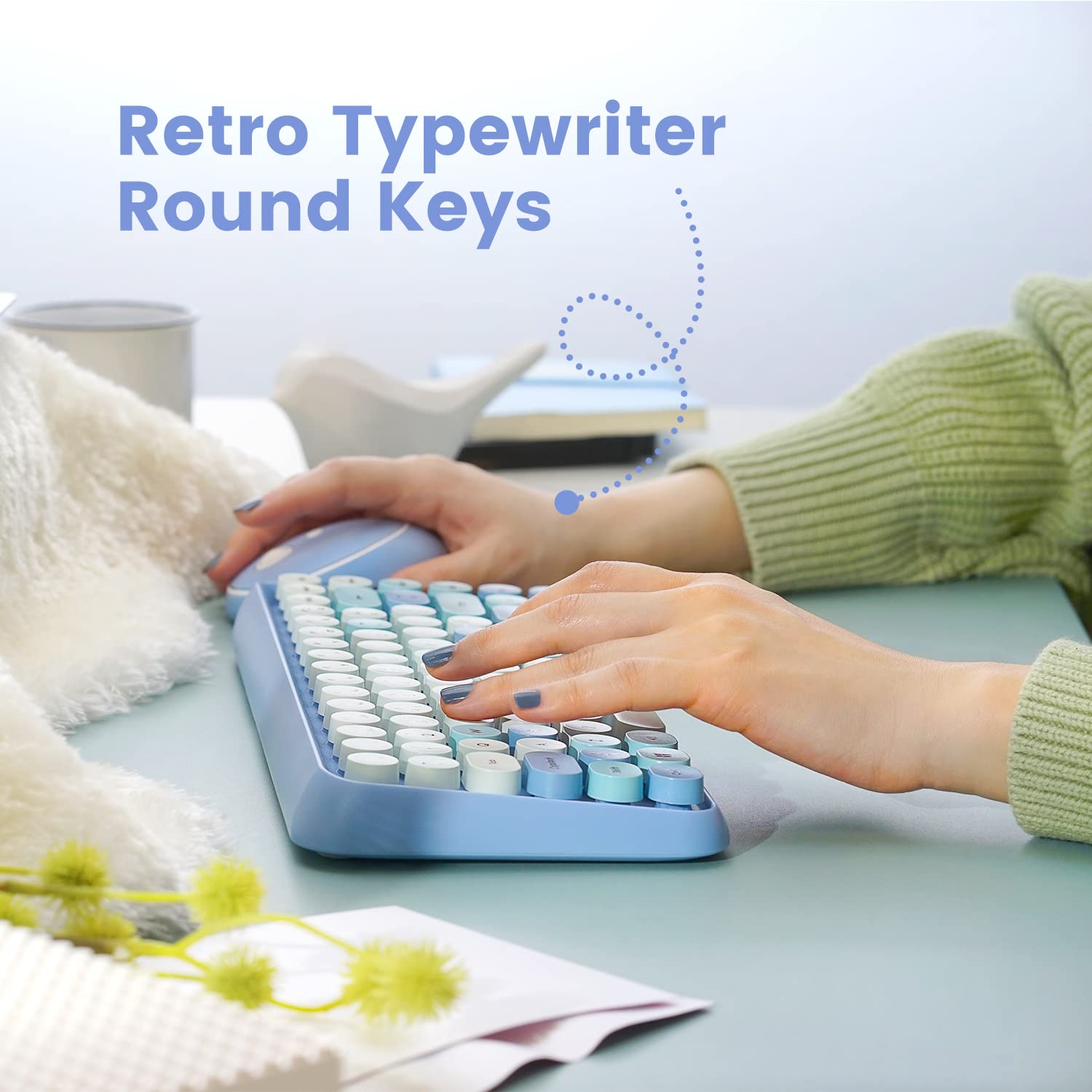 Condition photo showing New/Like New for perixx periduo-713bl wireless mini keyboard and mouse combo - retro round key caps - pastel blue - us english layout (11909)