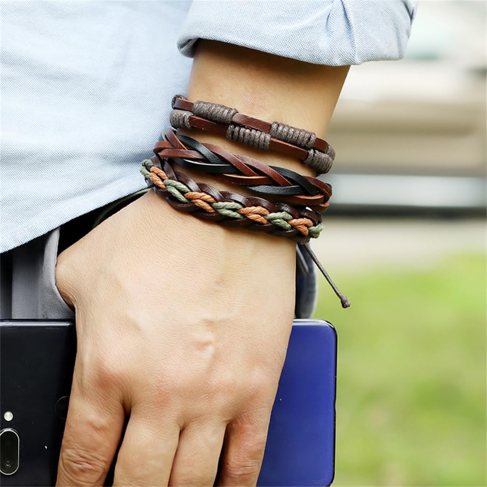 Leather Cuff Bracelet for Men Women, Multilayer Braided Wristband, Adjustable 6.5-9.5 Inches Wrap Bracelets Punk Gothic Grunge