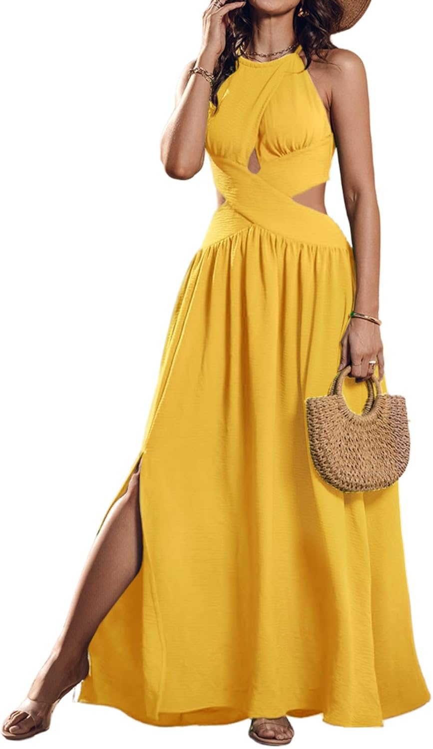 CHICME Women's Sleeveless Halter Neck Dress Criss Cross Tie Back Split High Maxi Dress