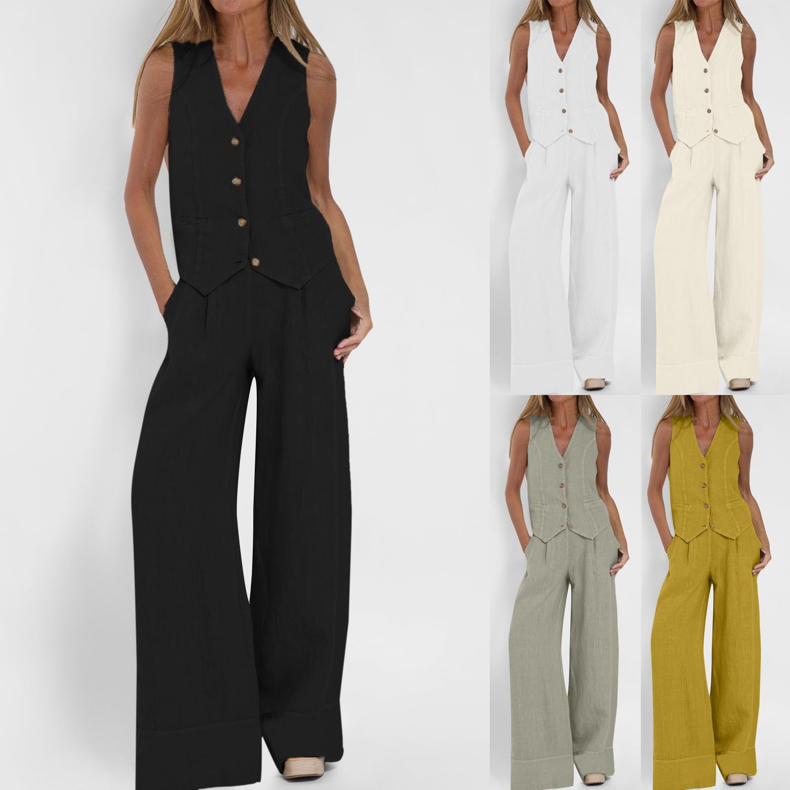 Conjuntos de lino para mujer, 2 piezas, blazer para mujer, trajes formales de algodón y lino, sin mangas, traje de negocios, chaleco con cuello en V y pantalones de pierna ancha, conjunto casual a