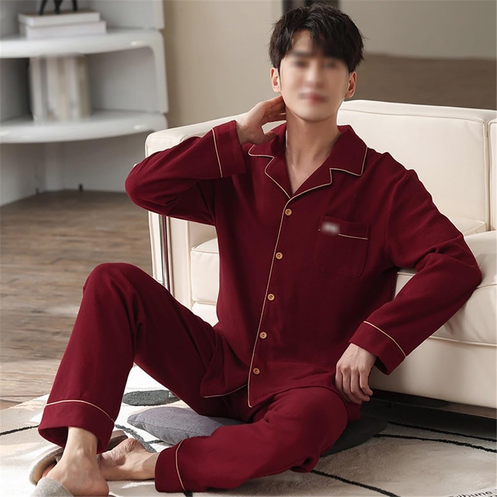 Pajamas Men's Autumn Cotton Long-sleeved Can Be Worn Outside Loungewear Wine Red Two-piece Suit