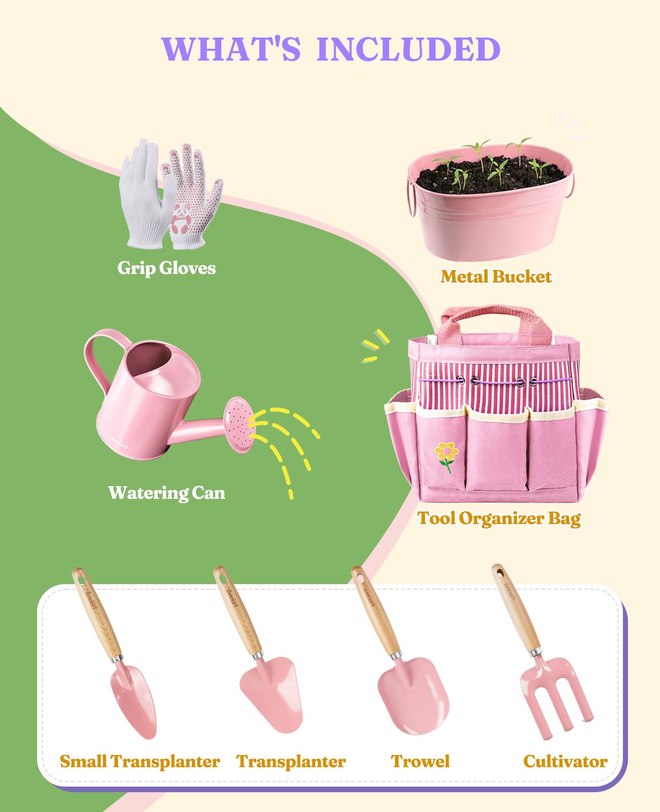 Kinder-Gartenset, kindersicheres und Robustes Werkzeug für Spaß im Freien, Kreativität zu fördern (Rosa)