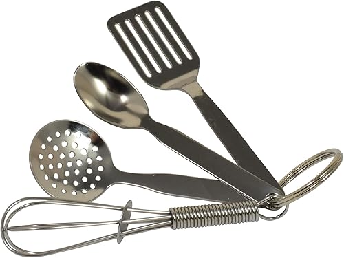 Miniatura 2 de R&M International Mini juego de herramientas de cocina de 3.5 pulgadas con llavero, incluye batidor, espátula, cuchara y espumadera, plateado