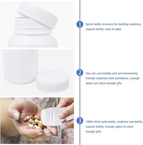 Miniatura 3 de EXCEART 20pcs botella de píldora vacía portátil plástico medicina titular contenedor caso para 3.4 fl oz (blanco)