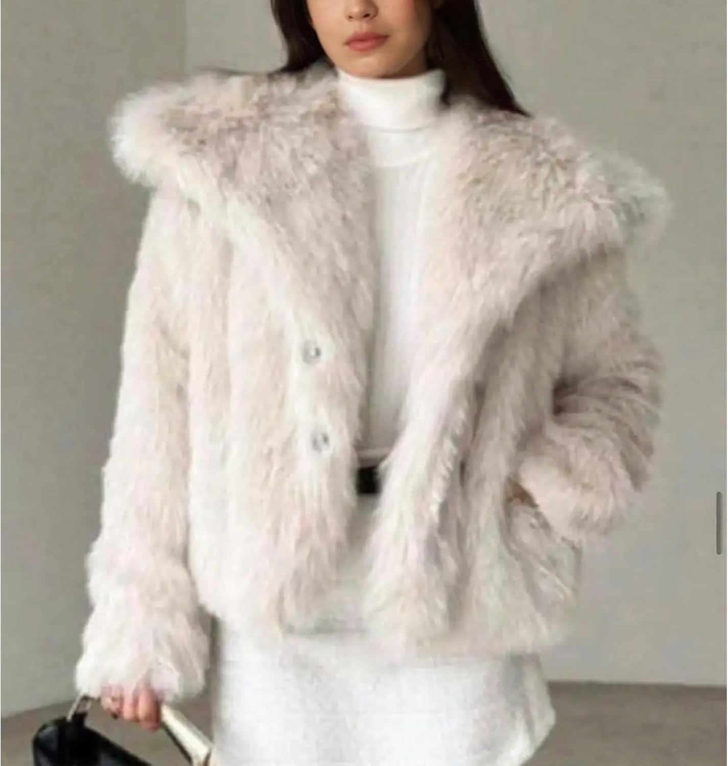 Ainangua Womens Faux Fur Coat Shaggy Oversized Lapel Button Fuzzy Ladies Jackets Warm Winter Outfits(Beige,L) - Image 3