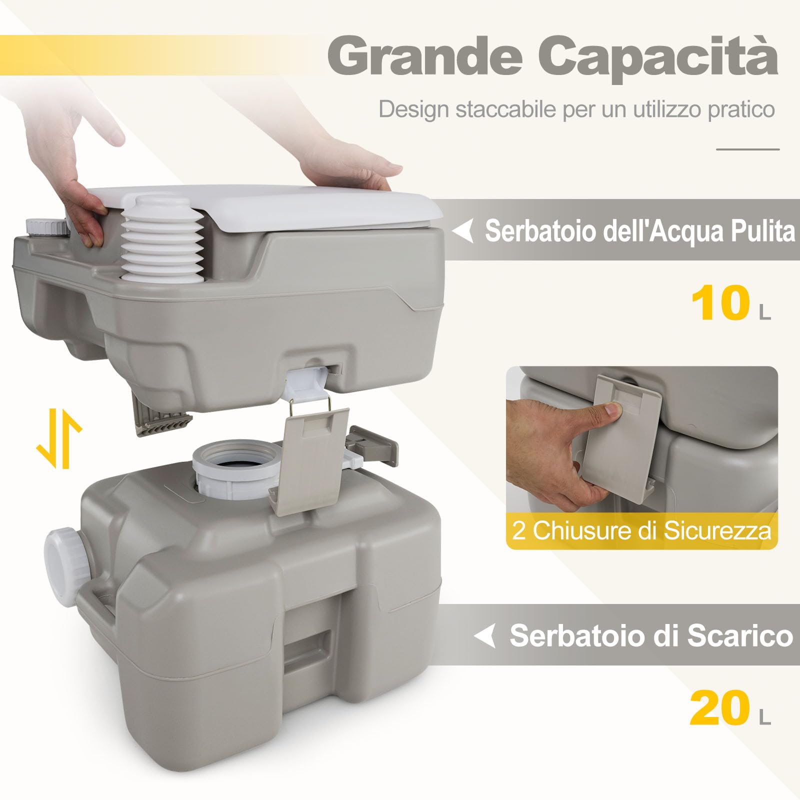 COSTWAY WC Portatile Adulti con Serbatoio dell'Acqua Rimovibile da 20 L, Toilette Portatile con Pompa di Scarico, WC Chimico da Campeggio, per Camper, Barca, Portata 200 kg