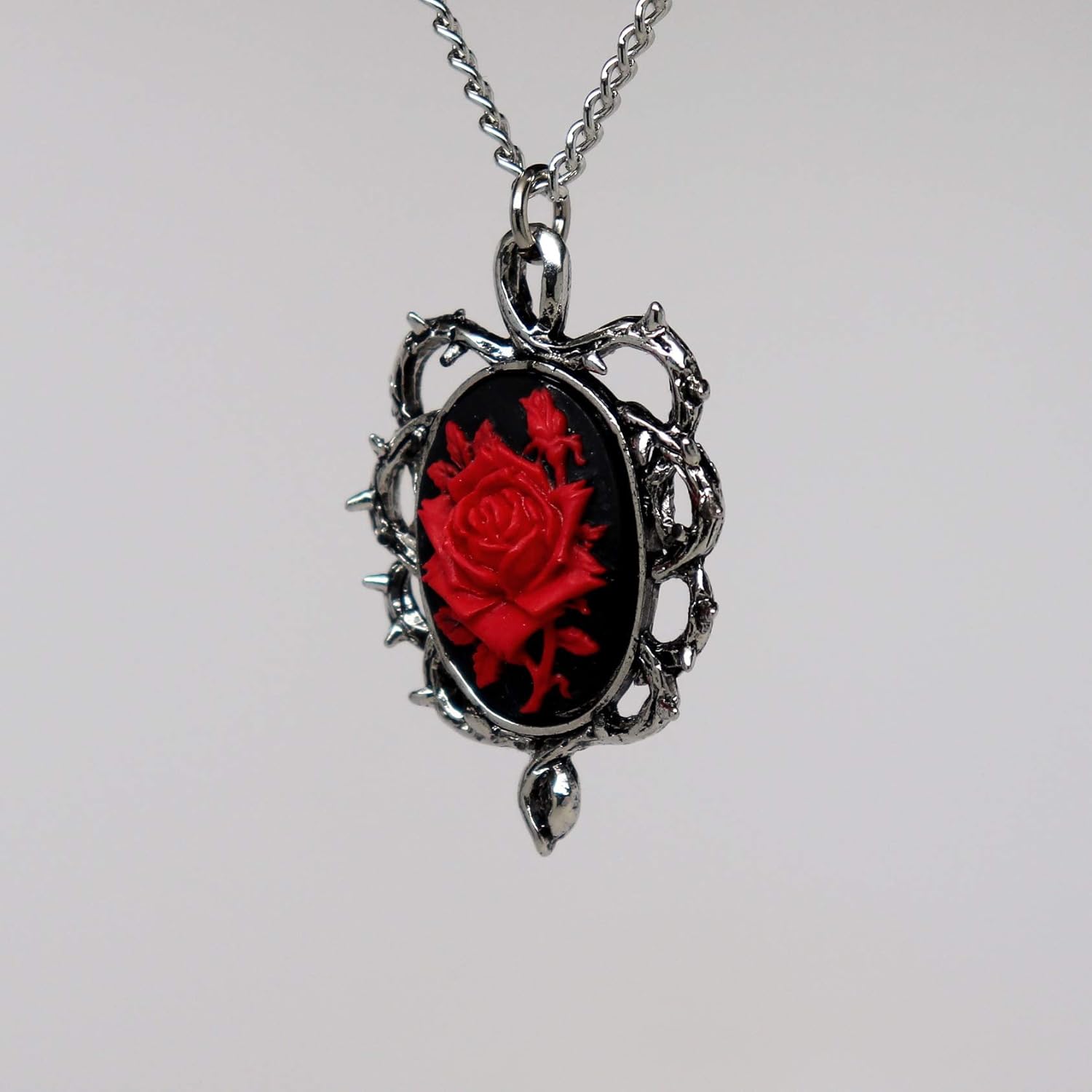 Real Metal Gothic Red Rose Cameo In Thorns Pendant Necklace - Image 6