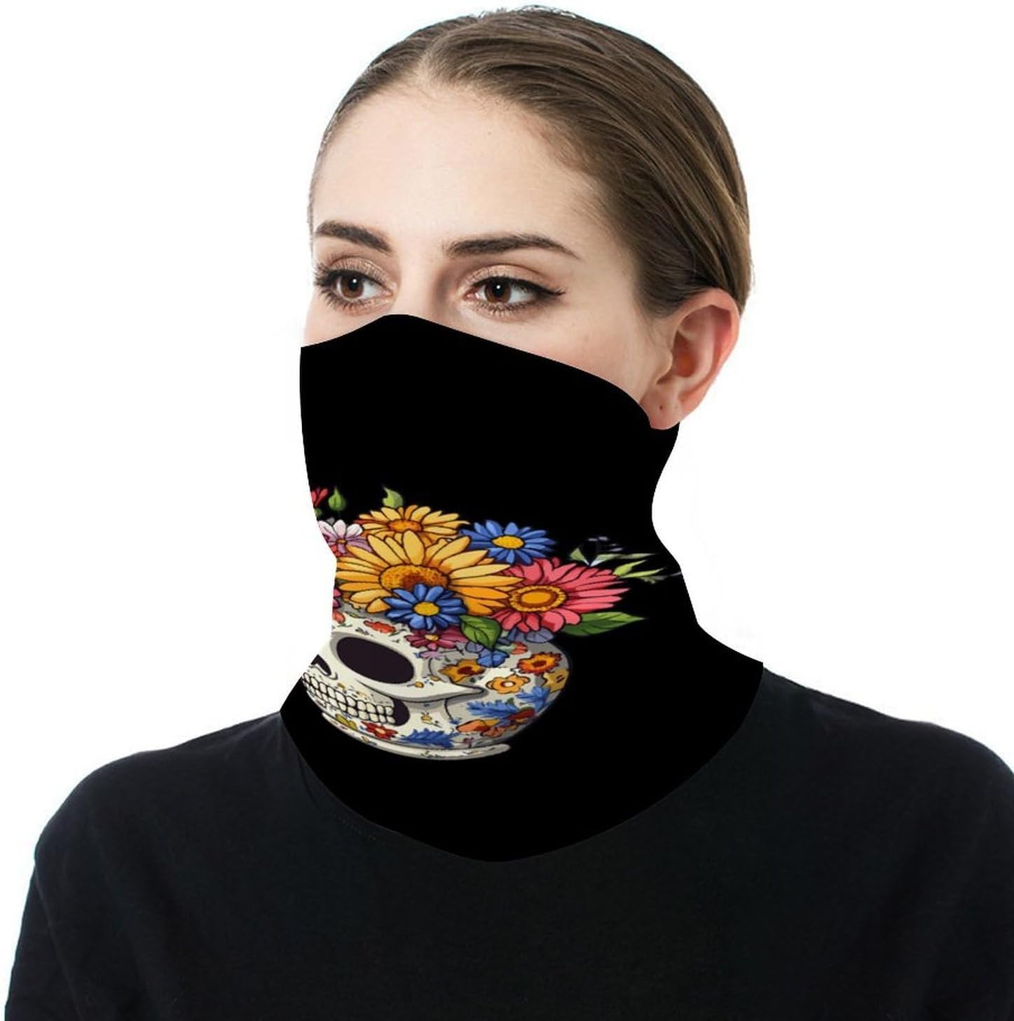 Flower Skull Face Cover Neck Gaiters for Men Women Sun Protection Mask Scarf Hiking Bandana
