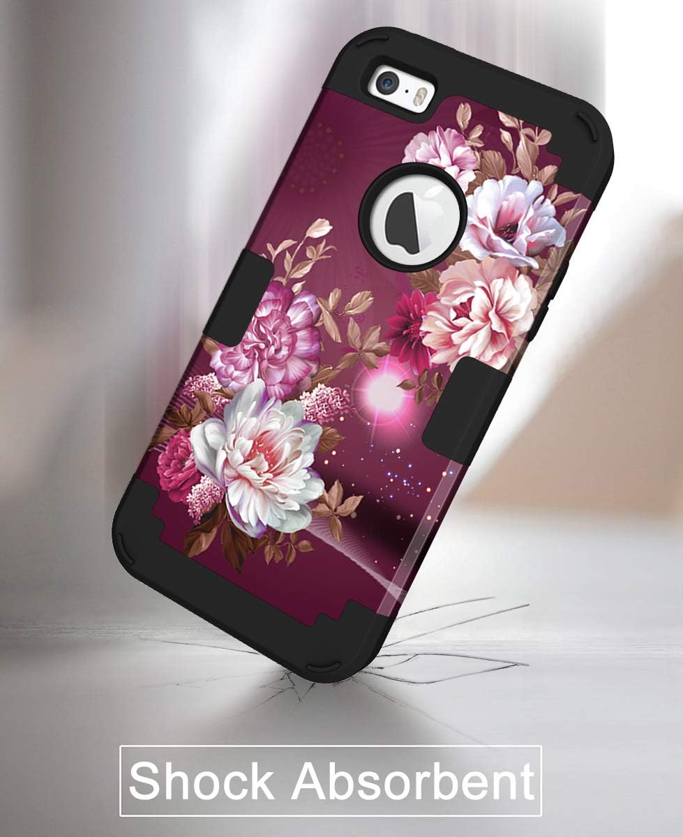 Hocase iPhone SE 2016 Case, iPhone 5s Case,Heavy Duty Shockproof Hard Plastic+Silicone Rubber Bumper Dual Layer Full-Body Protective Case for iPhone SE 1st Generation/5s/5 - Royal Purple Flowers