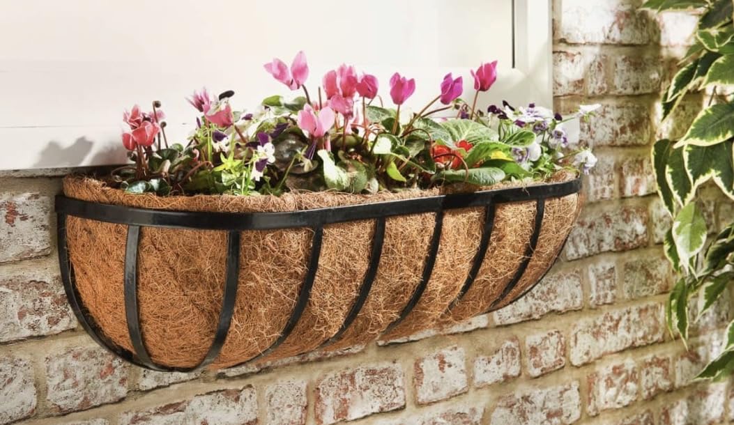 Wall-Mounted Window Trough Basket with Coco Liner, Black Metal Frame, 60cm