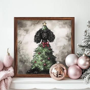 Whimsical Poodle Christmas Tree Wooden Sign 7.87x7.87 Inch, With Frame Christmas Wall Art for Home & Office Decor, Winter Holidays Decorative Signs for Home Farmhouse Desk Decor