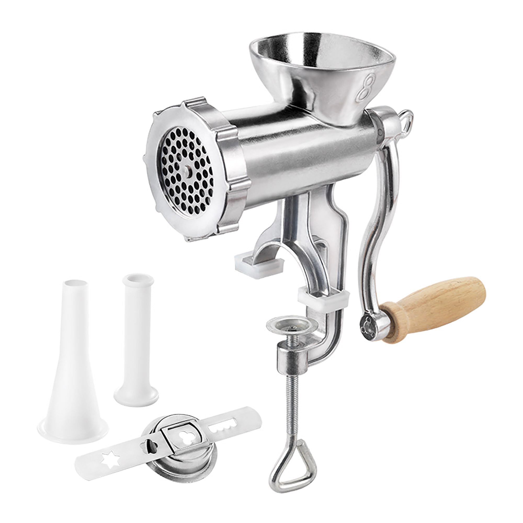 Metaltex Jack 8 - Large Meat Mincer for Home Use - Manual Nuts & Meat Grinder, Sausage Stuffer, Dough & Pasta Maker, with Nozzles - Easy Cleaning, Quick Grind, Secure Clamp - Aluminum Alloy