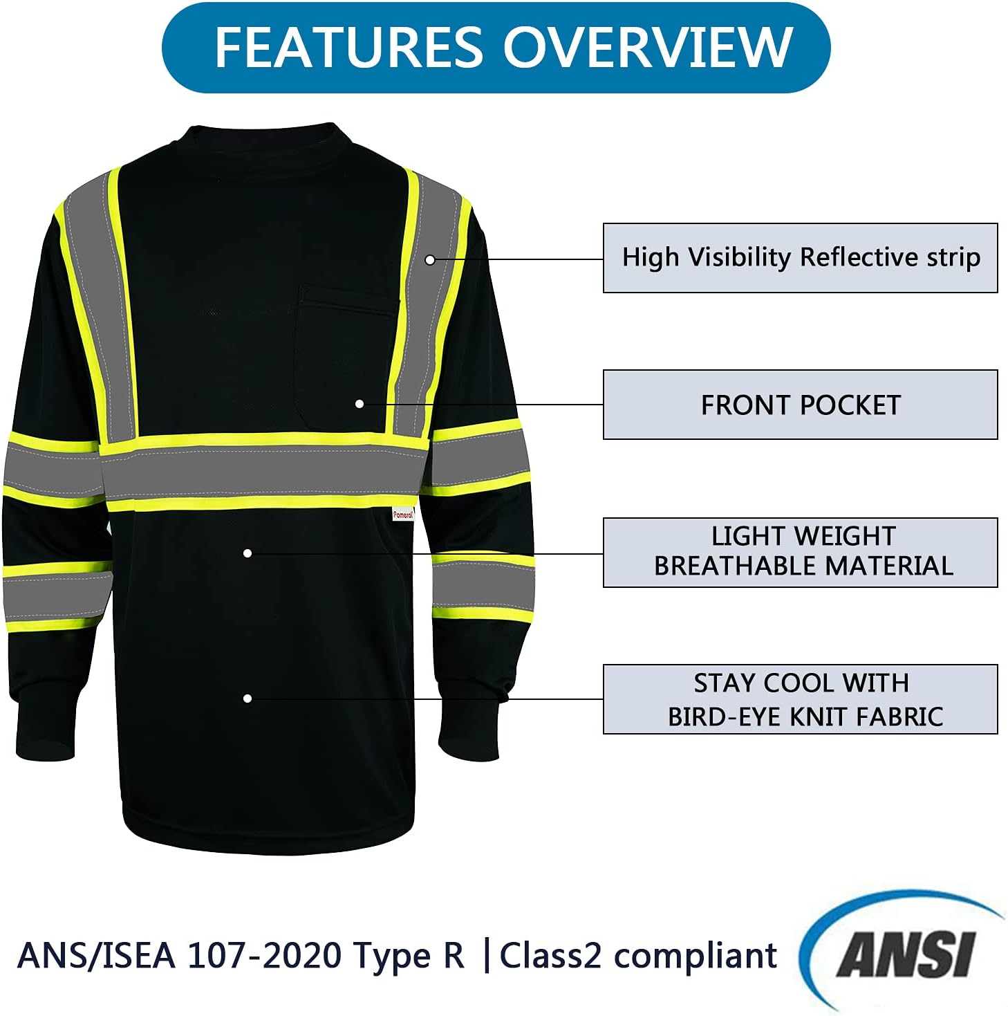 Pomerol Long Sleeve Safety Shirt High-Visibility Reflective 3 Packs Breathable Black Unisex Safety T-Shirt with Hi-Vis Strip and Front Packet for Work Cycling Runner Surveyor Guard Construction : Tools & Home Improvement