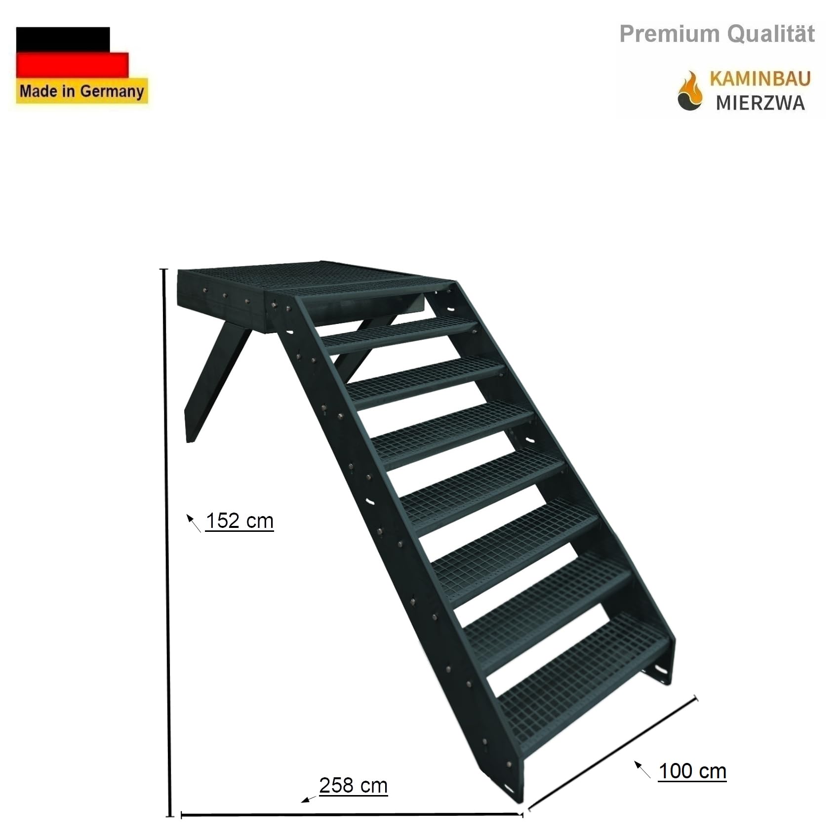 Schody policzkowe Premium na podesty, stalowe schody, 8 stopni, wysokość 152 cm, orientacja schodów policzkowych do wyboru z lewej lub prawej lub z przodu