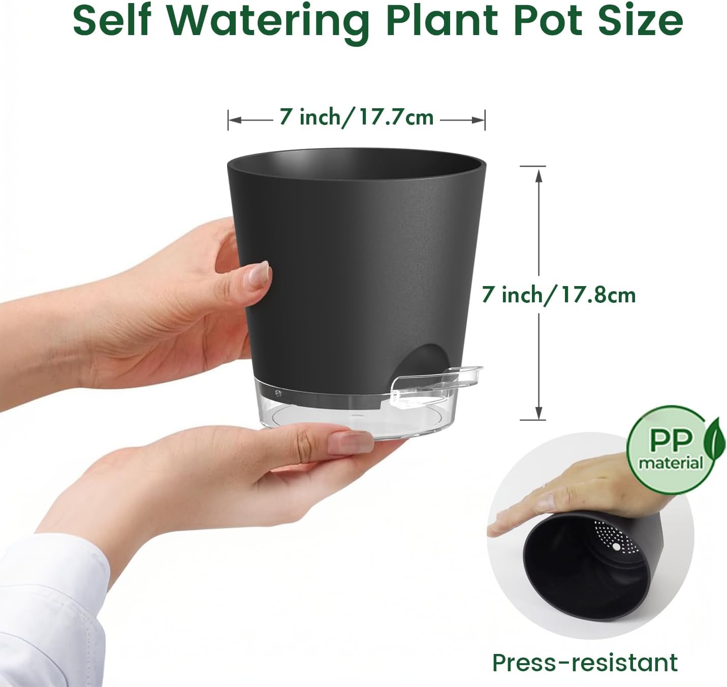 Meowell 7 inch Self Watering Pots for Indoor Plants, 5 Pack Plant Pots with Drainage Holes & Clear Reservoir for Visible Water Level, Plastic Wicking Planter Pots for House Plants and Flower, Black