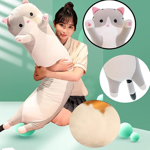 Miniatura 6 de Almohada larga de felpa de gato gris, animales de peluche, suave almohada para dormir (gris, 35 pulgadas)
