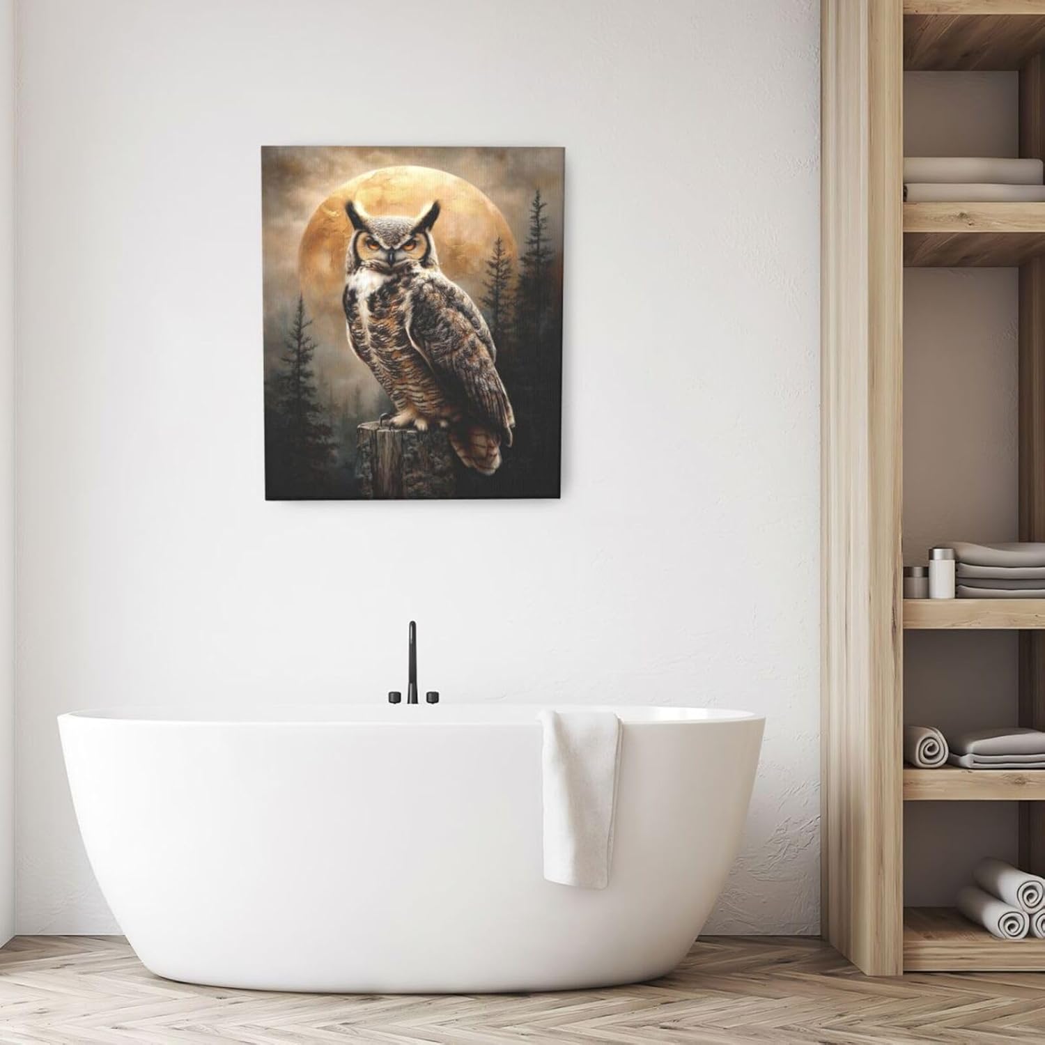 Cabin Owl Wall Art Moon and Forest Canvas Wall Decor Rustic Animal Pictures Paintings Prints Mystical Wildlife Artwork Framed Decorations For Bathroom Bedroom Living Room Office Gifts 20" x 24"