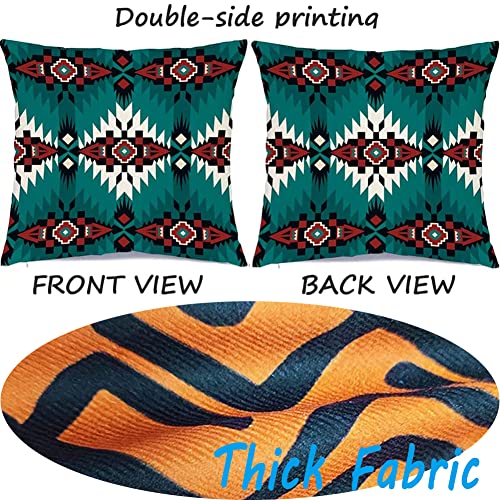 Rabusofa 16X16 Western Pillow Covers Set Of 4, Southwestern Pillow Decorative Throw Pillow,Native American Turquoise Decor Velvet Pillowcases For Couch Sofa Outdoor,Double Side Print Teal Burnt #TOP5