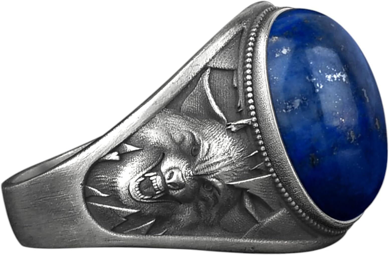 BySilverStone - Tiger's Eye Gemstone Men Silver Ring with Snarling Wolf Engraving on the Sides, Sterling Silver Signer Wolf Rings for Him, Unusual Gift Jewelry Ring for Men