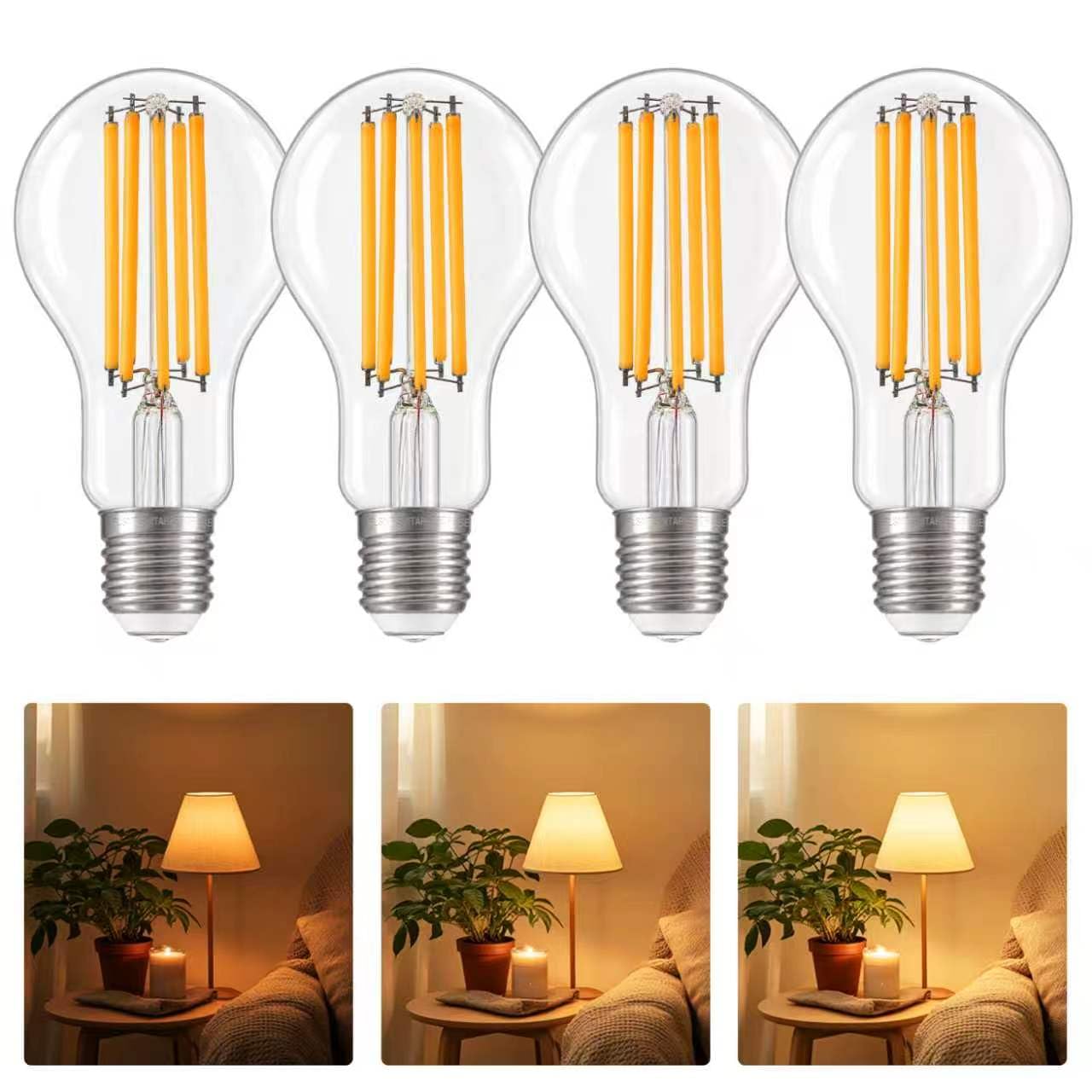 FLSNT 3 Way LED Light Bulb E26 Standard Base, 50W 100W 150W Equivalent, 3-Way Dimmable A23 LED Clear Light Bulbs, 2700K Soft White,800lm-1600lm-2200lm 4 Pack