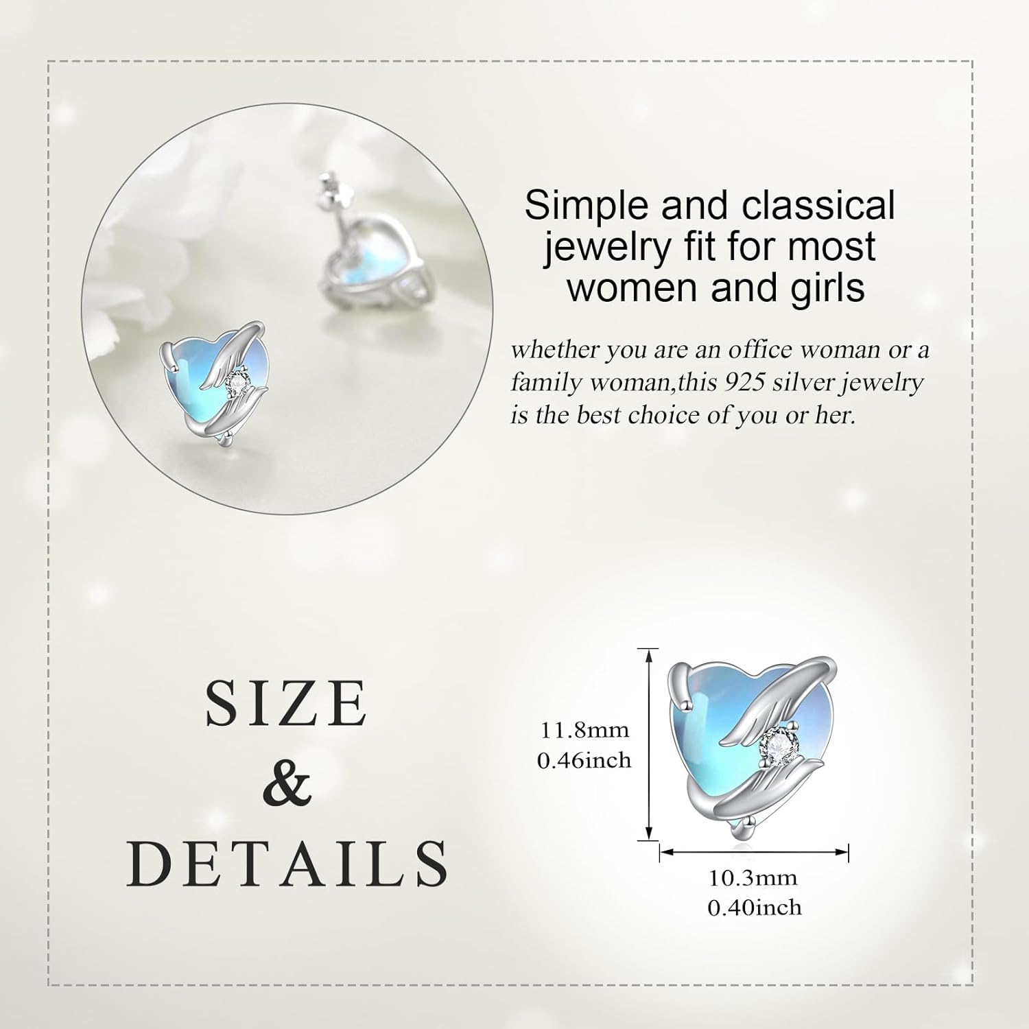 Moonstone Earrings Sterling Silver Angel Wings Stud Earrings Love Heart Post Studs Jewelry Gifts for Women Girls - Image 5