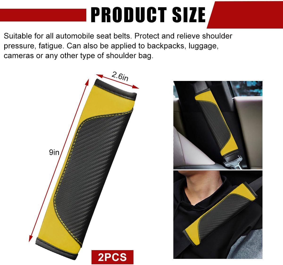 povtii 2 PCS Car Seat Belt Cover, Carbon Fiber Leather Auto Seat Belt Pads Cover, Safety Seatbelt Shoulder Strap Covers Protect Your Neck and Shoulder, Universal Car Accessories (Black+Yellow) image 2